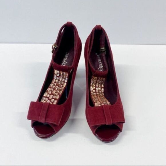 Margaret Pumps Wine Colr Bow Peep Toe Suede Look Holiday Wear to Work Chunky - Picture 2 of 8